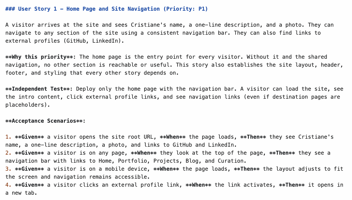 The generated spec showing User Story 1, Home Page and Site Navigation, with its priority, independent test and four acceptance scenarios.