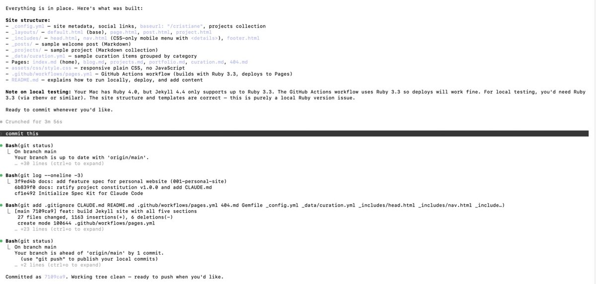 Claude Code listing the site structure it built — config, layouts, includes, pages and assets — and the commit that followed.