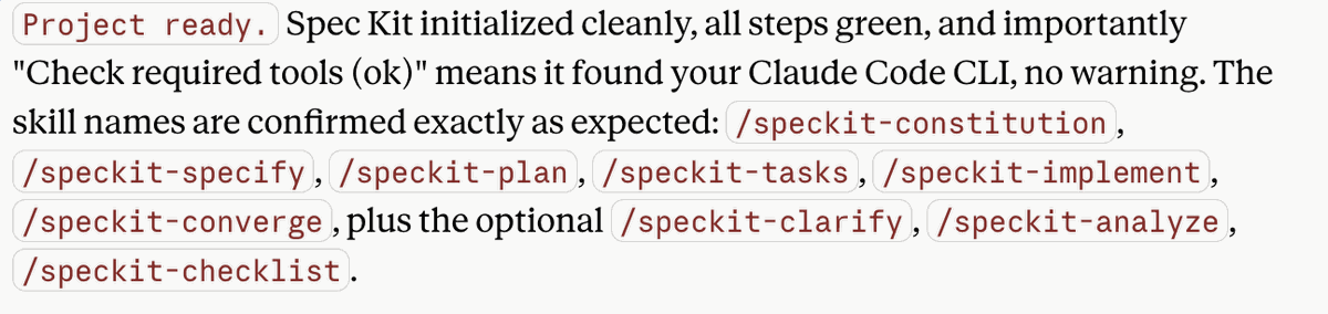 Claude Code confirming Spec Kit initialised cleanly, with every step green and the speckit command names listed.